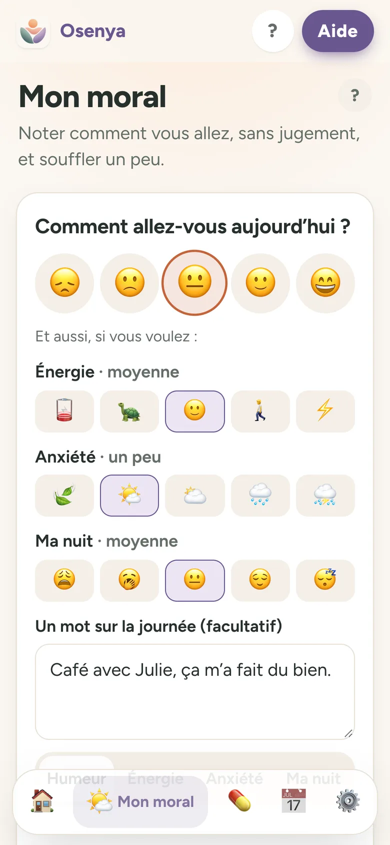 Écran Mon moral : humeur du jour, énergie, anxiété et nuit notées en un geste